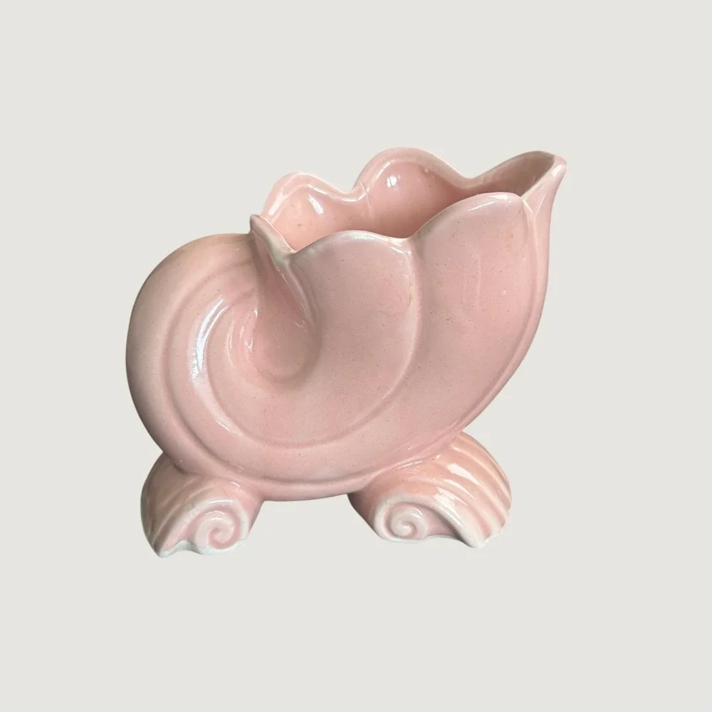 Vintage Pink Ceramic Seashell Planter Nautical Conch Shell Vase Coastal Decor